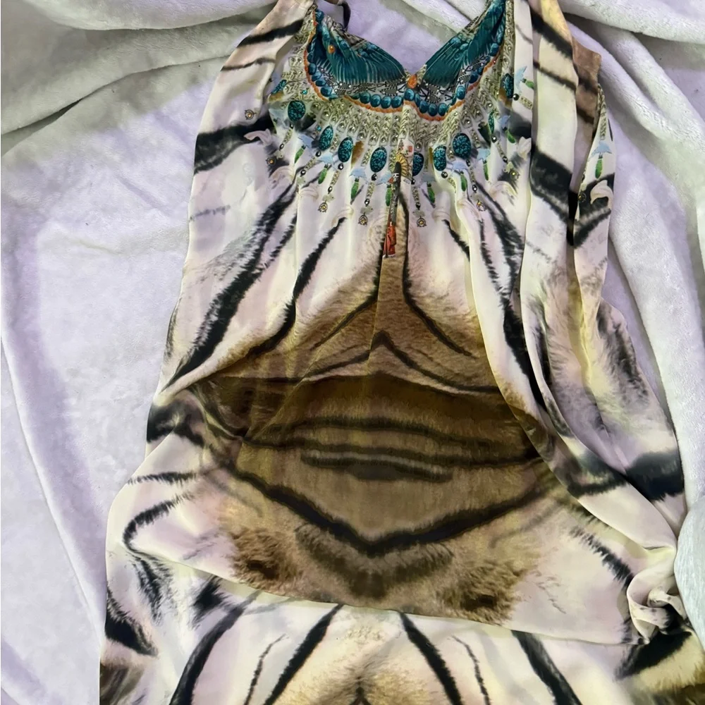 INTERMIX Camilla Printed Maxi Dress in Teal, Orange & Cream w Tiger Tribal Print - Picture 7 of 10